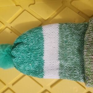 New! Hand Knitted Sgades of  Green and White Knit Pom-Pom Beanie